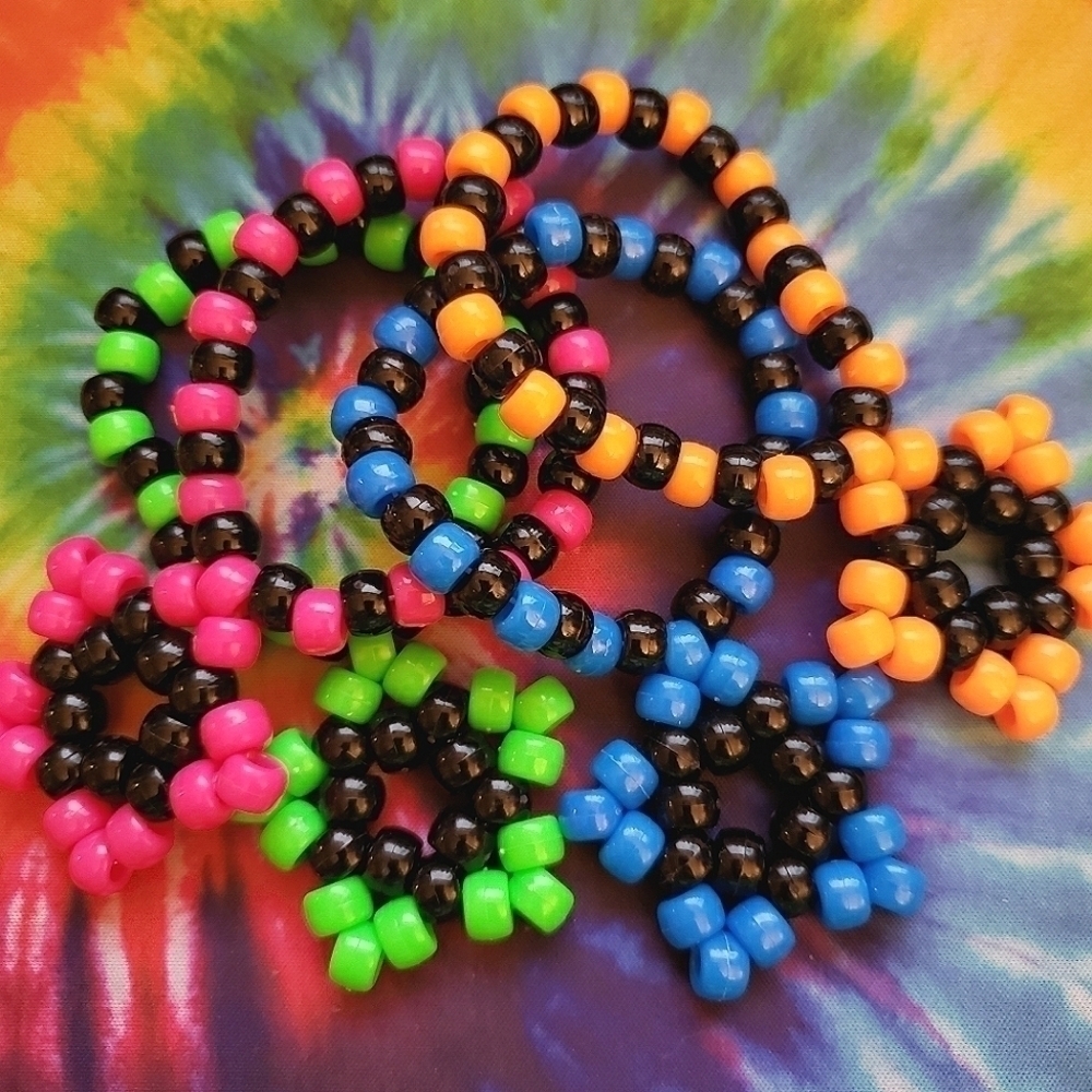 Handmade Bundle Set of Rainbow Neon Black Kandi Star Bracelets